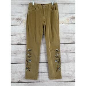 April Cornell Pants Womens Small Tan Corduroy Embroidered Floral Boho Stretch